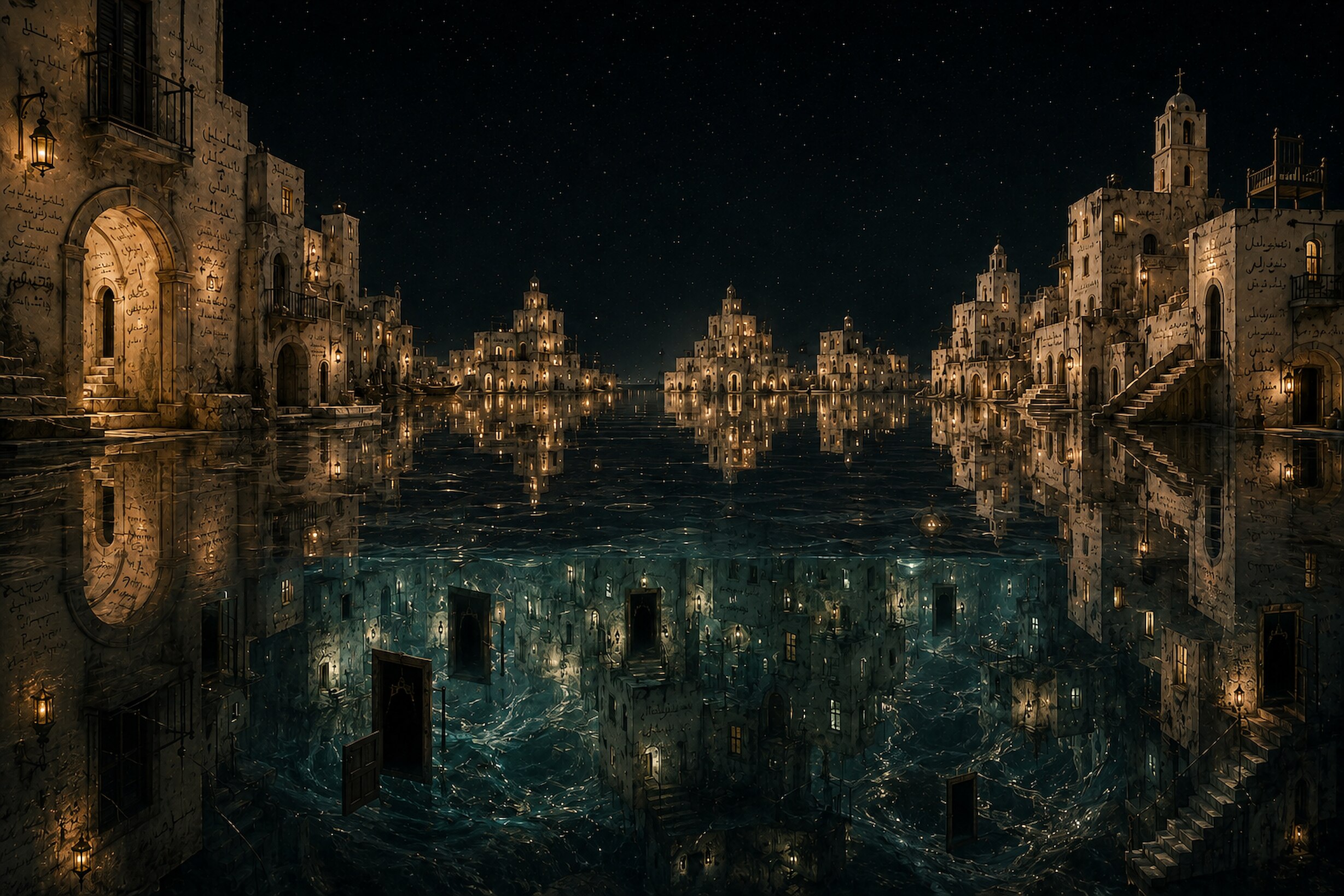 CITTÀ, une ville nocturne dont les façades couvertes d'écritures se reflètent dans l'eau