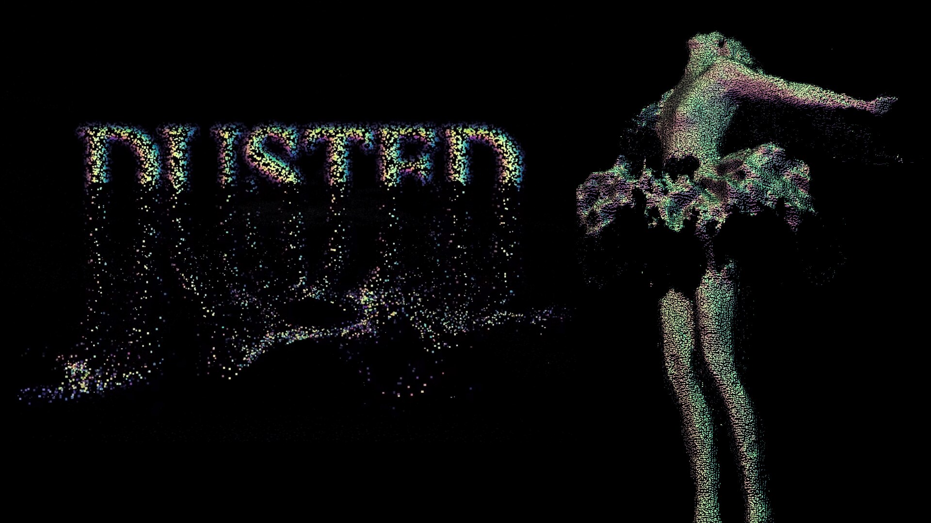 Dusted, le titre et une silhouette dessinés par des nuées de particules colorées
