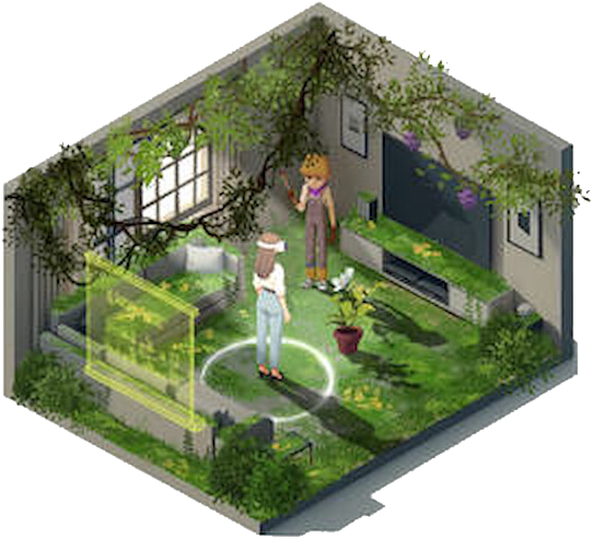My Magic Room, chambre isométrique en 3D, végétation et avatar